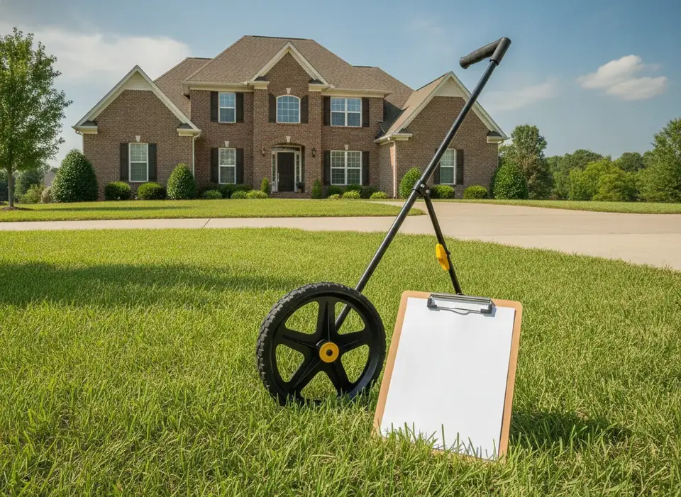 Clipboard and measuring wheel on a lawn, ready for a yard estimate