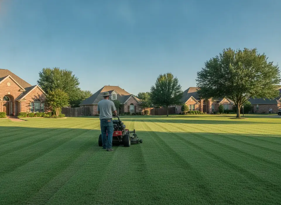 Worker seen from behind mowing a Bermuda lawn in a brick-home neighborhood