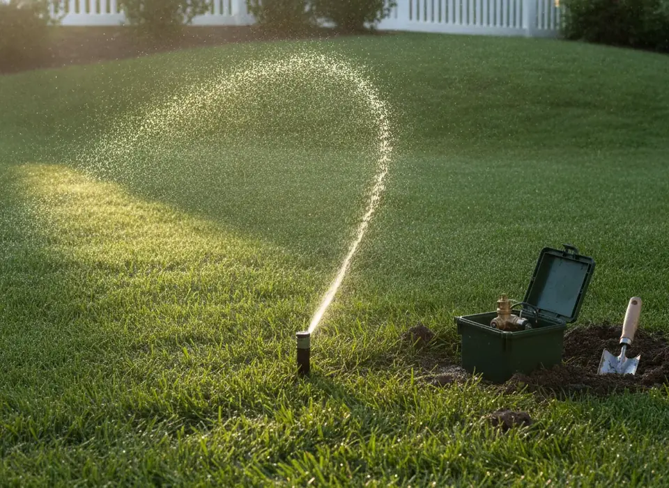 Pop-up sprinkler head watering a lawn in early morning light